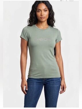 New BEBE women top t shirt Crystal logo misty olive green size M
